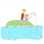 Illustrated Man and Boy Fishing